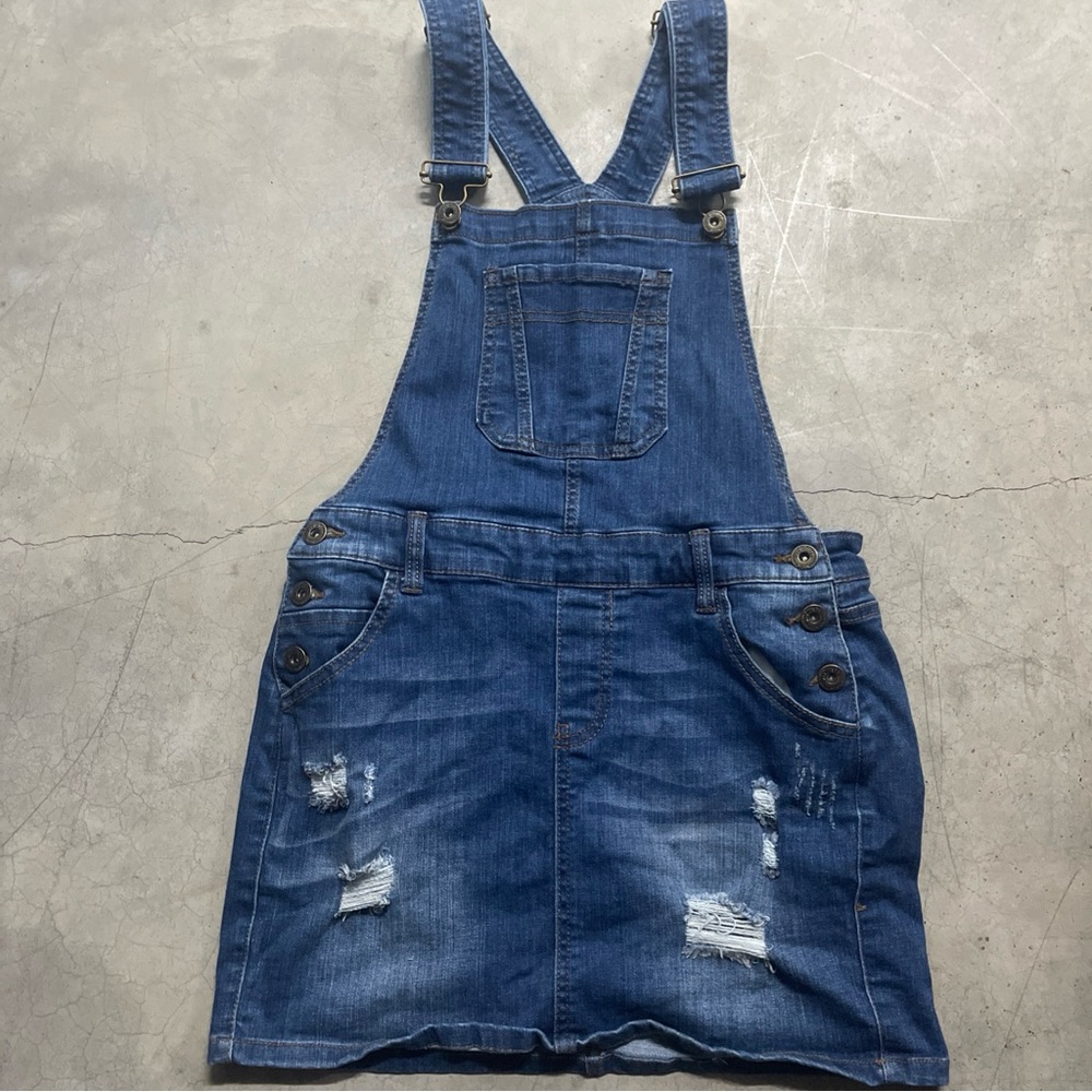 Wax Jean Distressed Denim Overall Skirt‎ Medium Wash Blue Pinafore Dress Size M